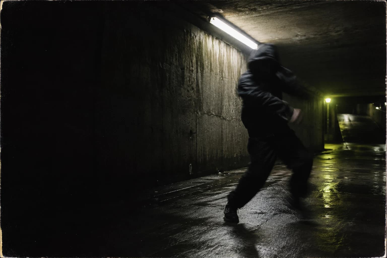 An anonymous figure in motion beneath a harsh light in a concrete underpass. Concept imagery.